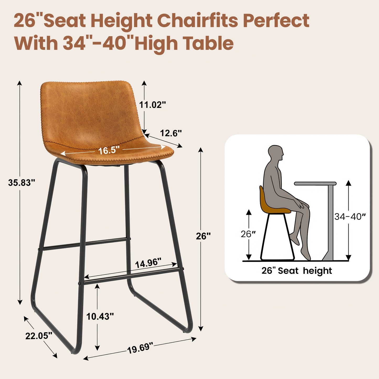 Bar Stools Set Of 3/2, Faux Leather Counter Height Bar Stools, 26" Modern Barstools With Metal Legs & Footrest, Upholstered Armless Counter Chairs With Soft Cushion Back For Kitchen Island, Living Room