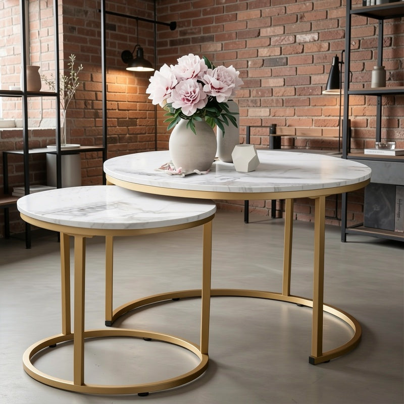 Set of Two Circular Nesting Tables Featuring a White Faux Marble Top And a Golden Frame, Perfect for Modern Living Rooms Or Bedrooms with an Industrial Touch