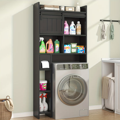 Over The Toilet Storage Cabinet with Sliding Door & Toilet Paper Holder Stand - Space-Saving Bathroom Organizer with Upper Shelf, Lower Storage & Door Storage, Freestanding Floor Cabinet for Bathroom, Restroom - Easy Assembly, No Tools Required, Modern Bl