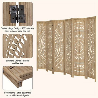 Room Divider 94.5 Inch Tall Folding Wood Carved Boho Privacy Screen 3 or 6 Panels - Freestanding Partition for Bedroom, Home Office, Studio Apartment & Living Room | Antique White & Natural Wood