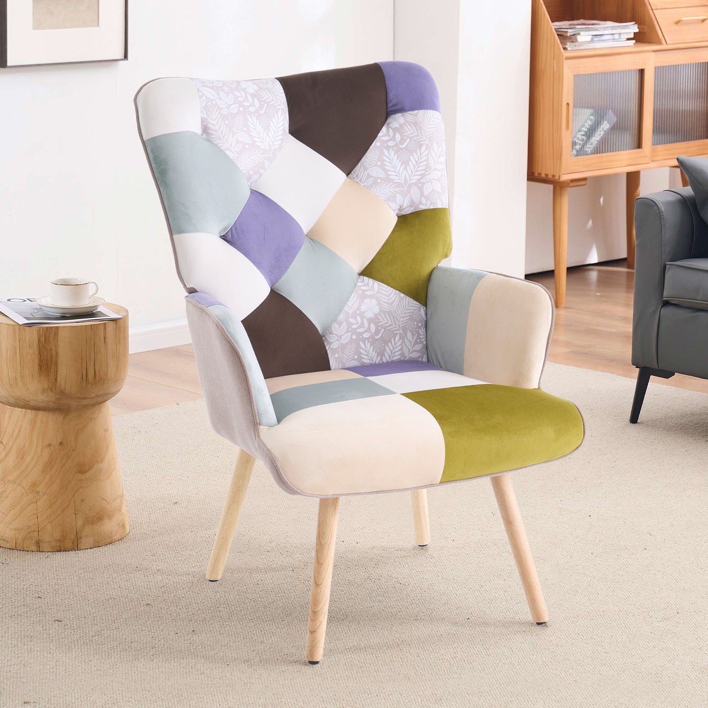 Patchwork Accent Chair High Back Armchair with Memory Foam Cushion & Hardwood Legs – 330 lbs Capacity Linen Upholstered Reading Chair for Living Room Bedroom Home Office, 6 Colors