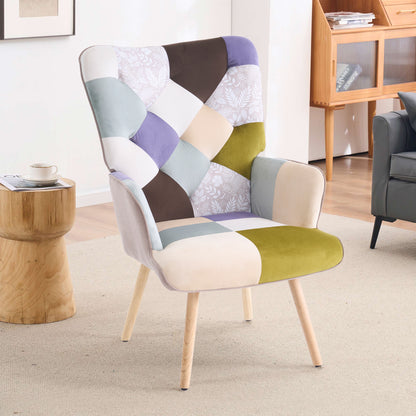Patchwork Accent Chair High Back Armchair with Memory Foam Cushion & Hardwood Legs – 330 lbs Capacity Linen Upholstered Reading Chair for Living Room Bedroom Home Office, 6 Colors