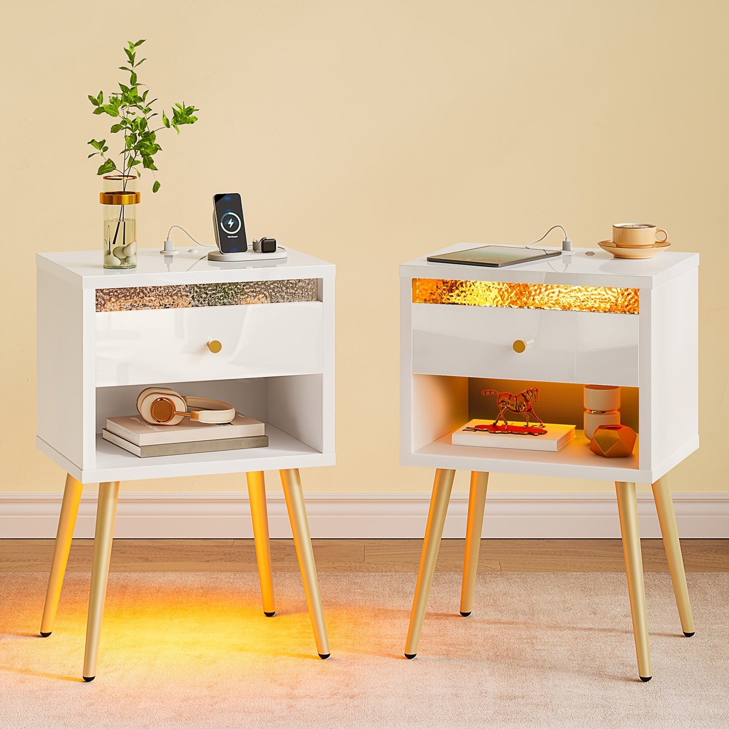 A Pair of Contemporary Nightstands Featuring USB Charging Ports, Standing at 12 Inches Tall. These Compact Bedside Tables Come with a Drawer And Open Storage, Making Them Ideal for Valentine'S Decor in Bedrooms Or Living Rooms