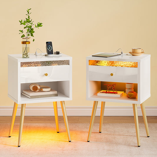 A Pair of Contemporary Nightstands Featuring USB Charging Ports, Standing at 12 Inches Tall. These Compact Bedside Tables Come with a Drawer And Open Storage, Making Them Ideal for Valentine'S Decor in Bedrooms Or Living Rooms