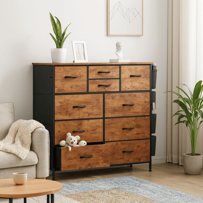 Black Storage Cabinet with Ten Drawers And Side Pockets, Ideal for Organizing Wardrobes in Bedrooms, Hallways, Living Areas, And More