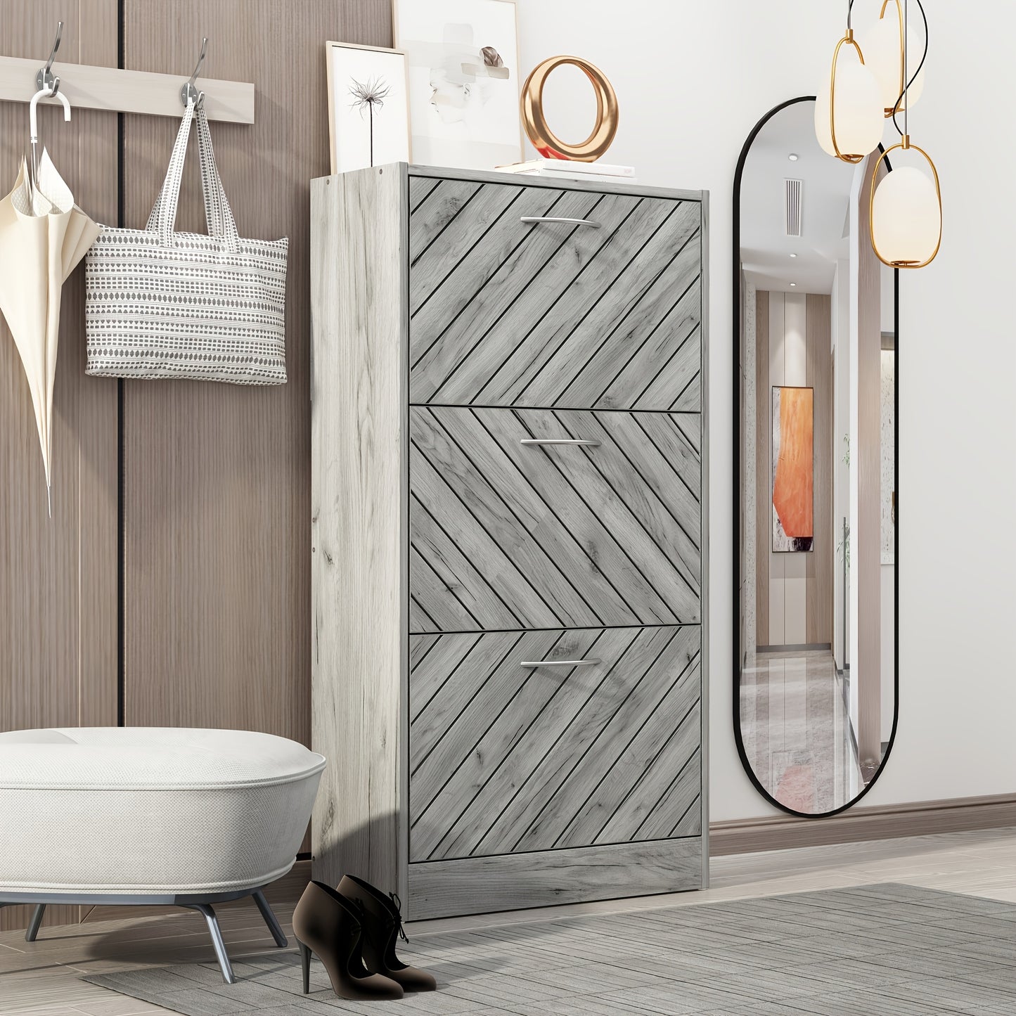 Modern Shoe Cabinet with 3 Flip Drawers, Shoe Storage Organizer with Louver Doors, Shoe Storage Up to 18 Pairs, for Living Room, Enterway, Hallway