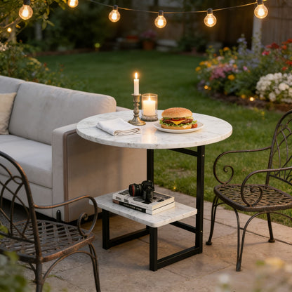 Round Outdoor Side Table with Double-Layer Storage Shelf – Marble Texture Imitation Stone Top, Sturdy Metal Frame, Weather-Resistant End Table for Balcony, Patio, Courtyard, Small Spaces (7 Colors)