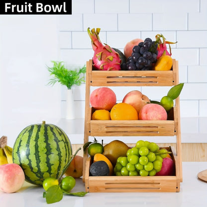 Bamboo Fruit Basket Rack for Kitchen Counter – 2 or 3 Tier Countertop Produce Storage with Ventilation, Removable Hooks & Non-Slip Pads, Natural Wood Organizer for Fruits, Vegetables & Bread