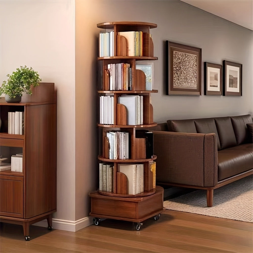360 Rotating Bookshelf 6 Tier Corner Bookcase with Wheels Narrow Wood Storage Rack for Small Space Bedroom Living Room Study Walnut Brown