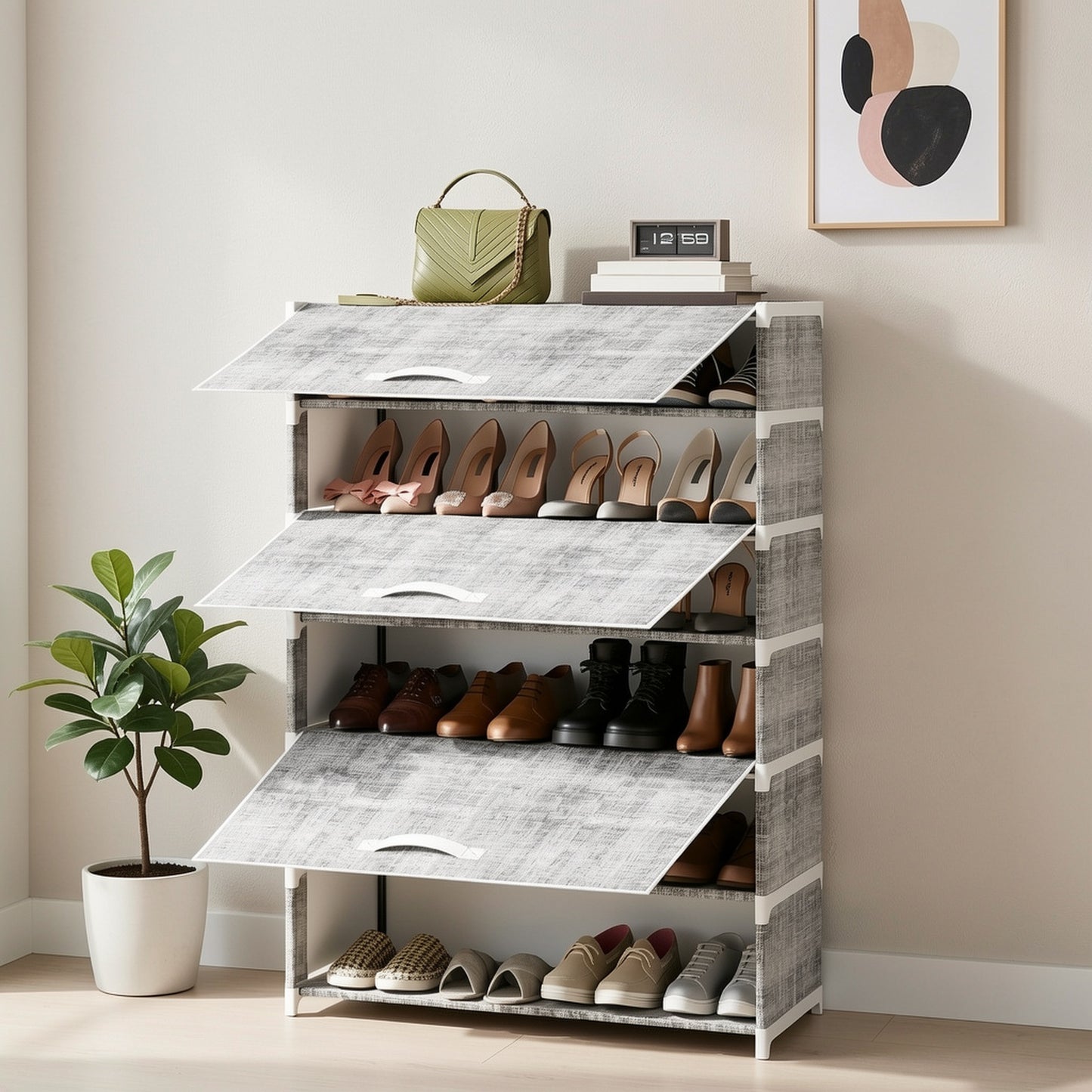 TOMNK 1pc Shoe Rack with Cover, 7 Tier 6 Grids Shoe Organizer, Large Capacity Shoe Shelf, Flip-style Shoe Rack for Closet, Entryway, Garage, Black/Gray