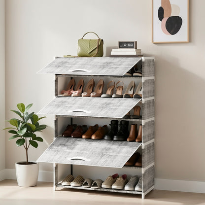 TOMNK 1pc Shoe Rack with Cover, 7 Tier 6 Grids Shoe Organizer, Large Capacity Shoe Shelf, Flip-style Shoe Rack for Closet, Entryway, Garage, Black/Gray