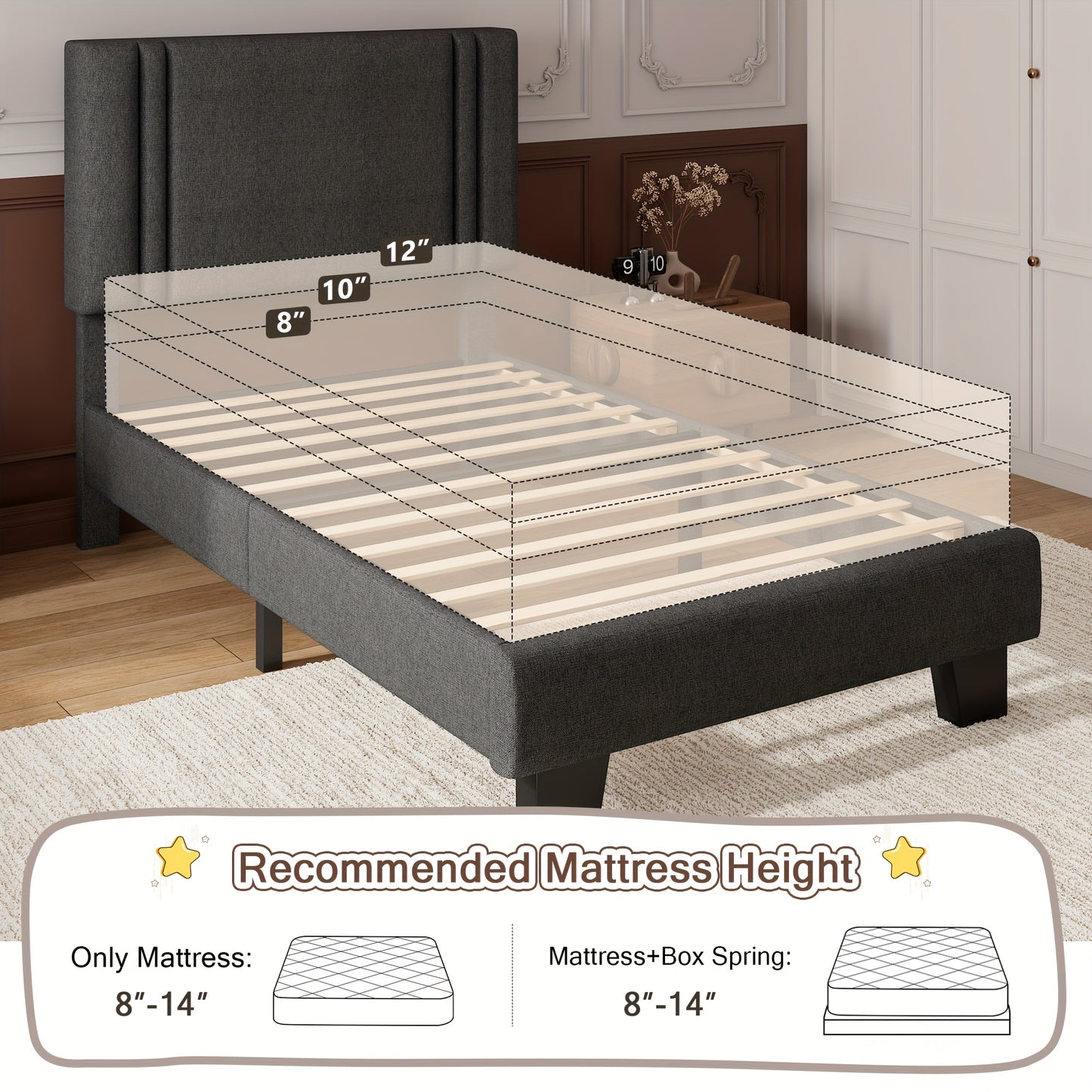 Valnase Bed Frame with 21" Soft Padded Headboard (Striped/Button Tufted), Solid Wood Slats (4" Spacing), Twin/Full/Queen Size Platform Bed with Art Legs -Black Linen/Dark Grey Linen/White Velvet Options
