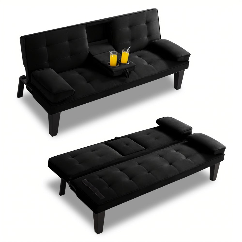 Futon Sofa Bed Convertible 65 Inch Foldable Lounge Chair Sleeper Couch with Adjustable Backrest Detachable Armrests Cup Holders Linen Upholstery Living Room Guest Room Black Gray Blue
