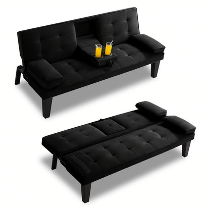 Futon Sofa Bed Convertible 65 Inch Foldable Lounge Chair Sleeper Couch with Adjustable Backrest Detachable Armrests Cup Holders Linen Upholstery Living Room Guest Room Black Gray Blue
