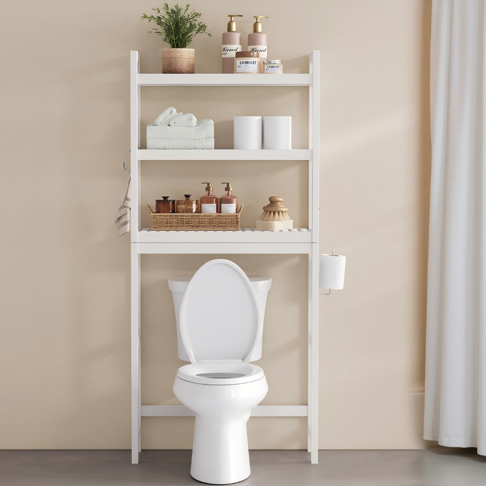 Three-Level Shelf Unit for Above The Toilet - Bathroom Organizer That Resists Rust with Adjustable Shelves | Space-Efficient Storage for Towels, Toilet Paper, And Tissues, Vertical Display for Toiletries & Convenient Access