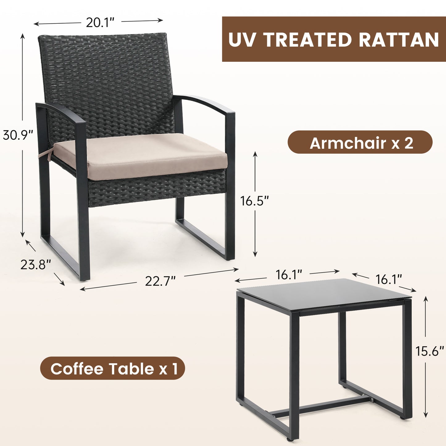 Outdoor Chairs with Bistro Table Furniture Set, Wicker Rattan 3pc Conversation Set includes 2 Waterproof Chairs with Thick Cushions and 1 Bistro Table with Safety Glass Top, Clearance
