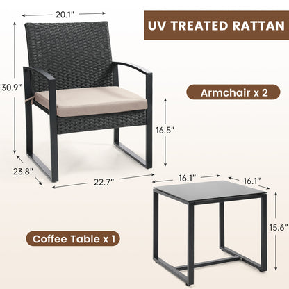 Outdoor Chairs with Bistro Table Furniture Set, Wicker Rattan 3pc Conversation Set includes 2 Waterproof Chairs with Thick Cushions and 1 Bistro Table with Safety Glass Top, Clearance