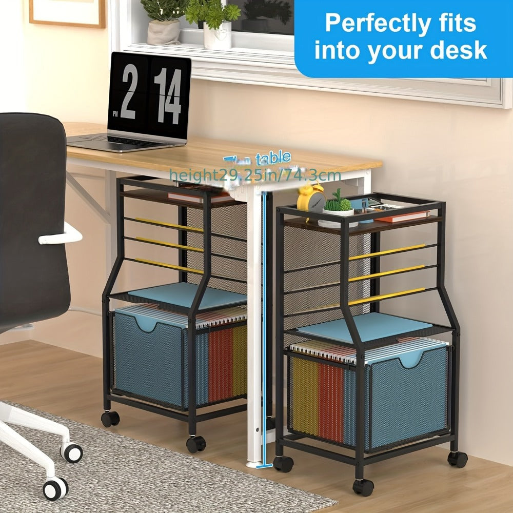 Rolling File Cart with Drawer for Hanging File Folders – Under Desk Office Cart with Paper Trays, Wood & Mesh 3-in-1 File Organizer, 14.8"L x 11.8"D x 27.7"H