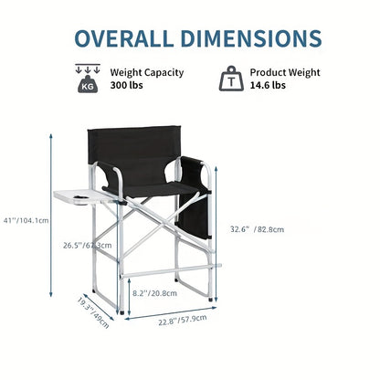Omysalon 40. 55" Tall Director'S Chair with a Folding Seat And Side Table Storage Bag, Supports Up to 300 Lbs, Portable Makeup Artist Chair in Black with Bar Height