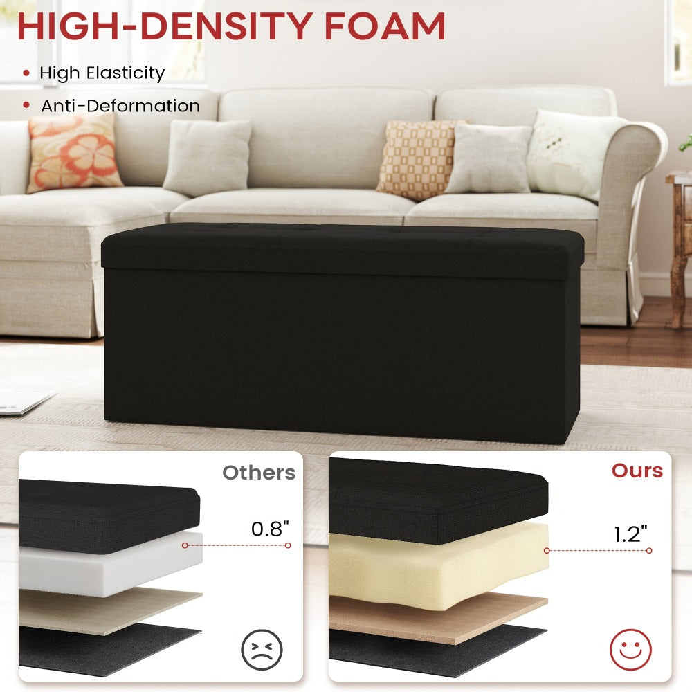 Storage Ottoman Bench with Storage Upholstered Leather & Linen 30 31.5 43.5 Inch Bedroom Living Room Entryway Closet Lift Top Hidden Compartment Footrest Seat Black Gray