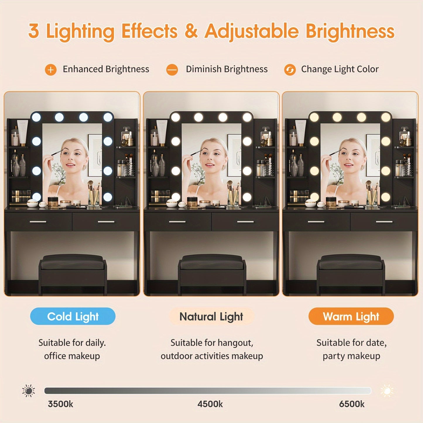 [LED Vanity Desk] Vanity Desk With LED Lighted Mirror & 10+ Strip, 6-Drawer Makeup Dressing Table With Stool Suitable For Bedroom,, Plug-And-Play Assembly, Modern For Room, Dorm, Beauty Salon