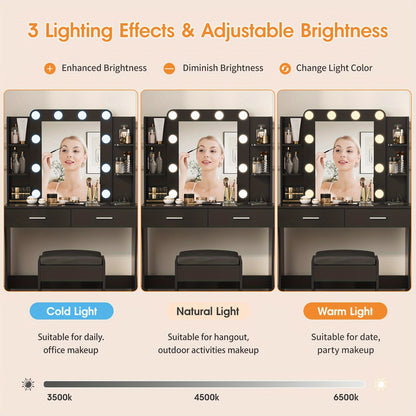 [LED Vanity Desk] Vanity Desk With LED Lighted Mirror & 10+ Strip, 6-Drawer Makeup Dressing Table With Stool Suitable For Bedroom,, Plug-And-Play Assembly, Modern For Room, Dorm, Beauty Salon