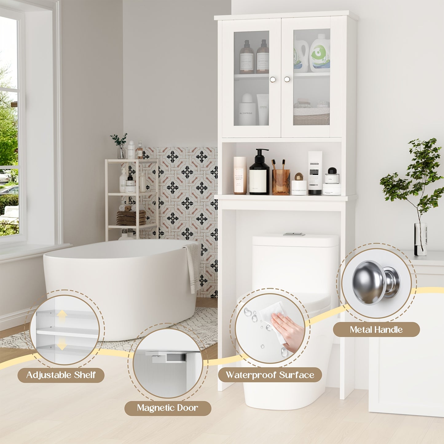 Bathroom Storage Over The Toilet, Bathroom Cabinet Organizer with Adjustable Shelves And Double Glass Doors, Wood Bathroom Space Saver