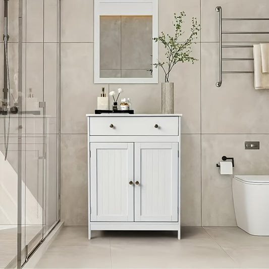 Set of Bathroom Storage Cabinets - Bath Vanity with Double Shutter Doors And Soft-Close Drawer, Space-Efficient Bathroom Furniture for Contemporary Homes (White)