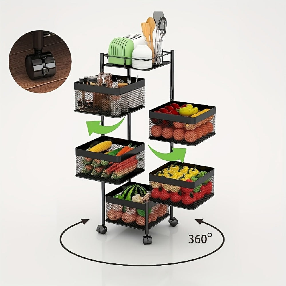5-Tier Rotating Kitchen Storage Shelf with Wheels, Metal Fruit & Vegetable Basket Rack Storage Trolley, Floor-Standing Multi-Layer Organizer for Kitchen & Bathroom, Square