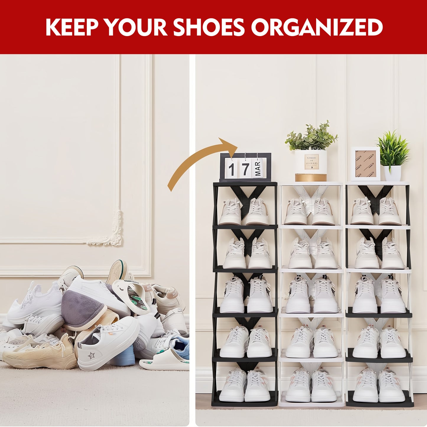 6/9 Tier Narrow Shoe Rack Give Away Shoehorns, Small Vertical Shoe Stand, Space Saving DIY Free Standing Shoes Storage Organizer for Entryway, Closet, Hallway, Easy Assembly and Stable in Structure, White and Green / Black / Blue