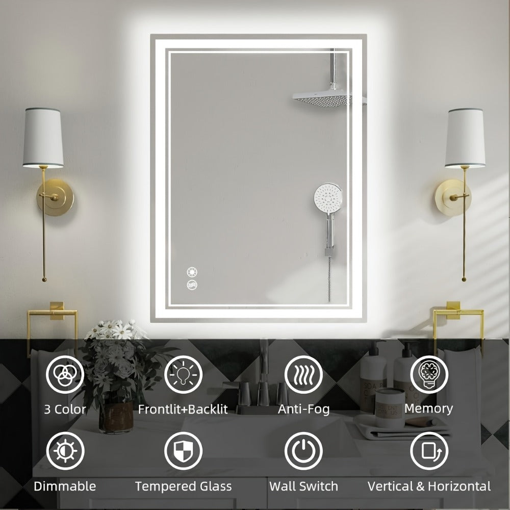 LED Bathroom Mirror with Anti-Fog Front & Backlit Dimmable 3 Color Lighting Wall Mounted Vanity Mirror Stepless Brightness Horizontal Vertical 24x36 32x40 36x28 40x28 Inch