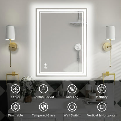 LED Bathroom Mirror with Anti-Fog Front & Backlit Dimmable 3 Color Lighting Wall Mounted Vanity Mirror Stepless Brightness Horizontal Vertical 24x36 32x40 36x28 40x28 Inch