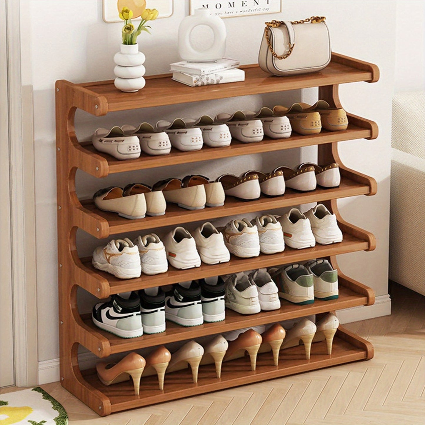5Th/ 6Th Floor Desktop Storage Rack, Shoe Storage Rack, Space-Saving Multi-Layer Independent Design, Wood Grain End, Easy to Assemble Self-Standing Three-Dimensional Shoe Cabinet, Suitable for Dormitory And Entrance, Brown Standing Storage Rack