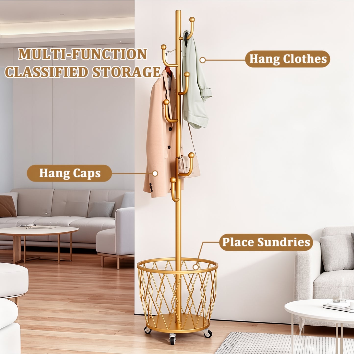 2-in-1 Heavy-Duty Freestanding Rolling Coat Rack with Storage Basket - Mobile Garment Hanger Suitable for Entryway, Bedroom, Living Room, Bathroom - Space-Saving Organizer with Round Hooks & Wheels, Multi-Room Furniture for Mother's Day Gifts