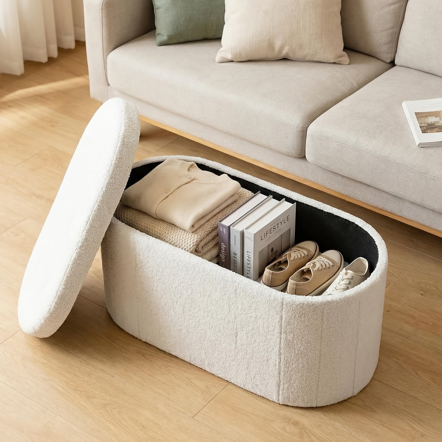 Folding Storage Ottoman Bench, 30/43 Inches Oval Round Foot Rest Stool, Cushioned Seat with Storage Chest, 250 Lb Capacity for Living Room