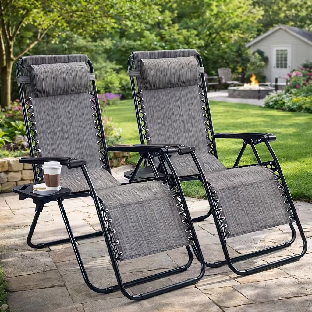 2pcs Zero Gravity Patio Recliner, Folding Lounge with Adjustable Pillow & Cup Tray, Suitable for Gardens And Outdoor Use, Khaki And Gray Color
