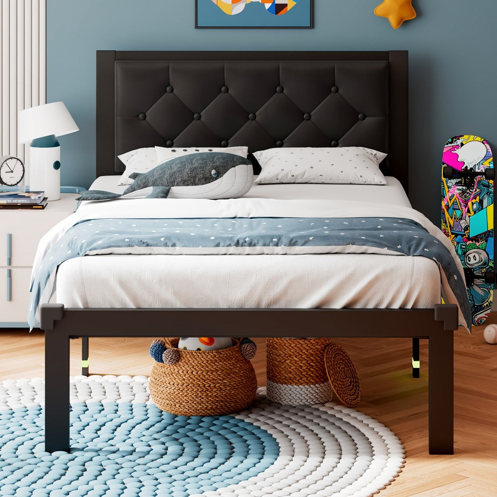 Platform Bed Frame with Button-Tufted Headboard, 12 Inch Under-Bed Storage Space, Steel Slat Support, No Box Spring Needed, Easy Assembly, Twin Full Queen