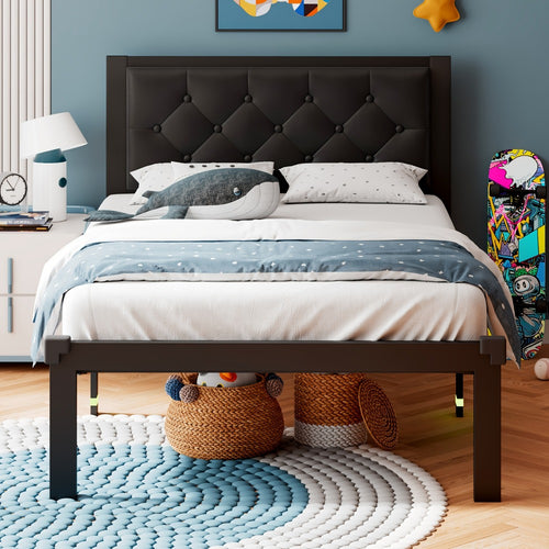Platform Bed Frame with Button-Tufted Headboard, 12 Inch Under-Bed Storage Space, Steel Slat Support, No Box Spring Needed, Easy Assembly, Twin Full Queen