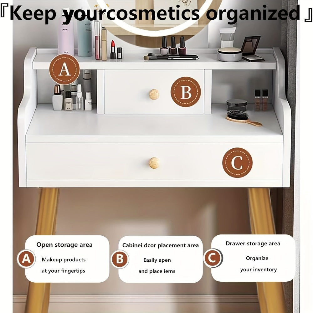 Vanity Desk with Mirror and Lights, Brightness Adjustable Makeup Table with Drawer, Bedroom Dressing Table for Small Space, White