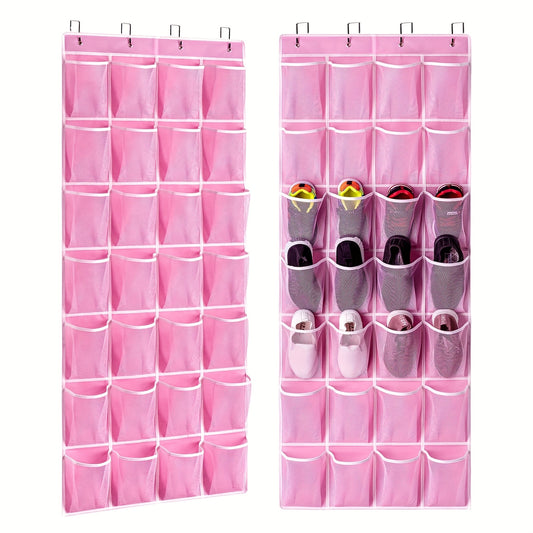 LINKSTYLE Large Capacity Shoe Organizer with 28 Pockets & 4 Hooks - Pink Fabric Hanging Storage Bag for Closets, Entryways, Bedrooms, Bathrooms - Space-Saving Design for Sneakers, Flats, and More, Shoe Storage Organizer, Entryway Organization, Playful Des