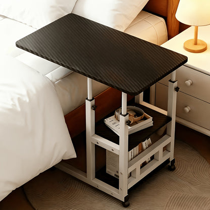 Over-bed Table with 2-layer Storage Rack- Mobile Bedside Table for Sofa, Bed and Bedroom, Versatile Nightstand, Suitable for Snacks, Laptop and Organizing Essentials(solid Metal Frame, Smooth Wheels, Space-saving Design)