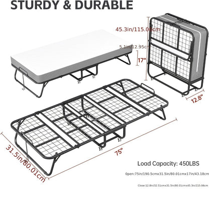 Folding Bed Portable Roll Away Guest Bed 75x31 Inch 4-Section Fold Flat with Sturdy Metal Frame, Wheels & Grey Fabric Cover - Adult Sleeping Bed for Guest Room, Camping, Dorm, Small Apartment