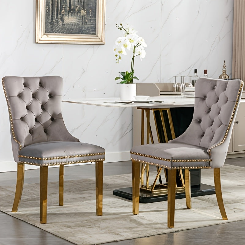 Solid Wood Velvet Upholstered Dining Chair, Modern Design Quilted Dining Chair with Nail Head Accent And Solid Gold Plated Legs, Set of 2 for Kitchen, Living Room, Apartment
