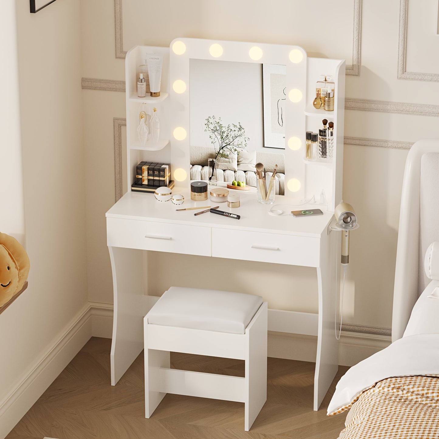 LED Vanity Desk with Lighted Mirror & Stool – 6-Drawer Makeup Dressing Table with 10+ LED Strip Lights | Plug-and-Play Modern Vanity for Bedroom, Dorm & Beauty Salon