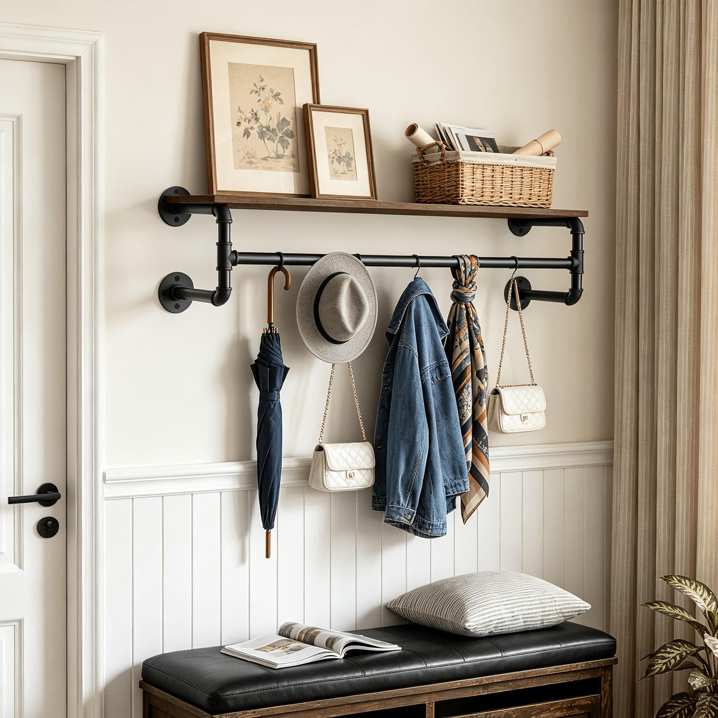 AESOME 39.3''L Industrial Pipe Clothes Rack with Top Shelf And 3 Hooks Wall Mounted Garment Rack Heavy Duty Detachable Multi-Purpose Hanging Rod for Closet Storage
