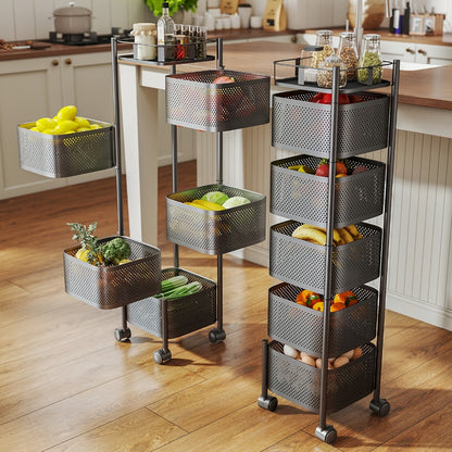 5-Tier Rotating Kitchen Storage Shelf with Wheels, Metal Fruit & Vegetable Basket Rack Storage Trolley, Floor-Standing Multi-Layer Organizer for Kitchen & Bathroom, Square