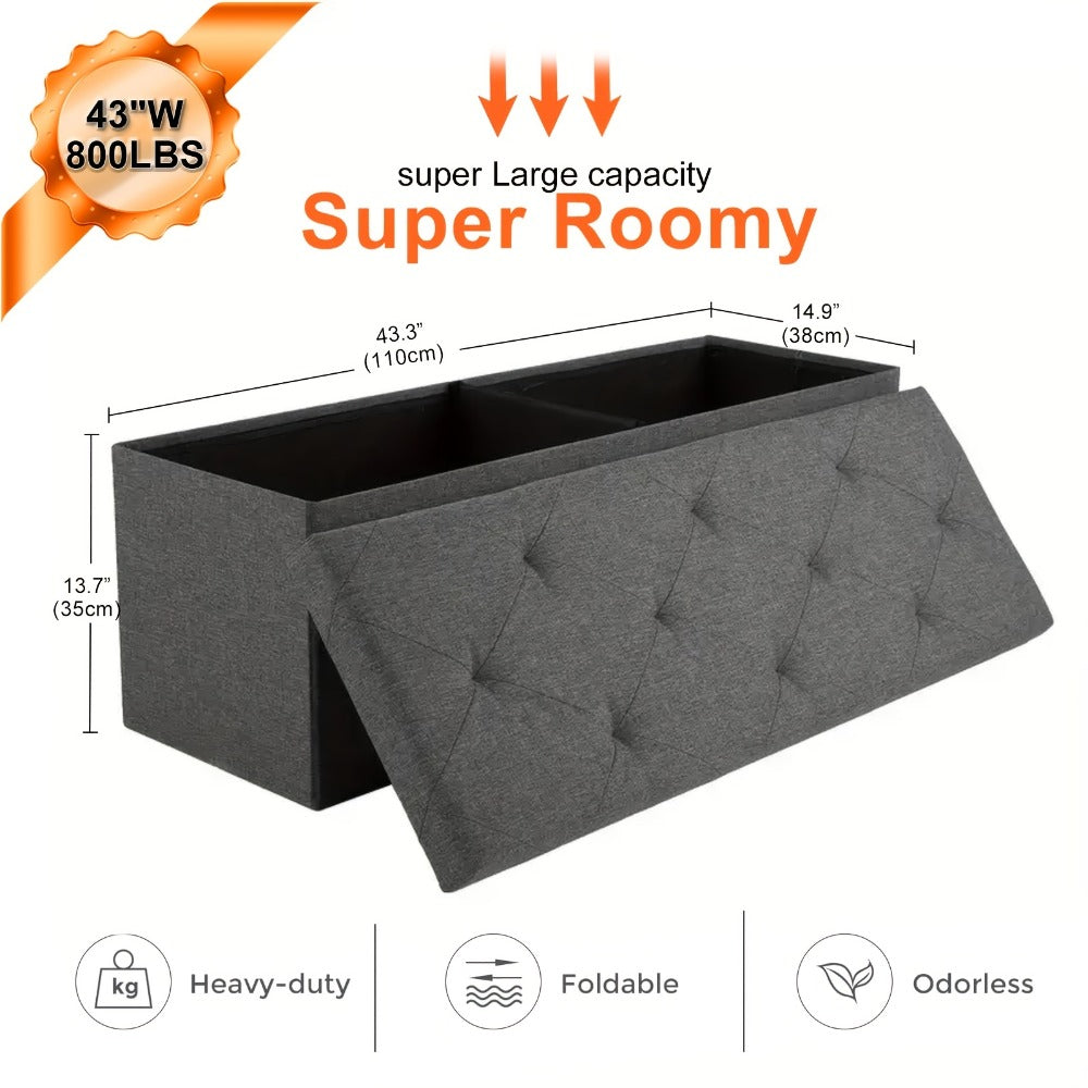 Outdoor Storage Ottoman Bench 30 & 43 Inch Folding Deck Box with Padded Seat, Patio Furniture Storage Chest End of Bed Bench for Living Room Bedroom Garden, Grey