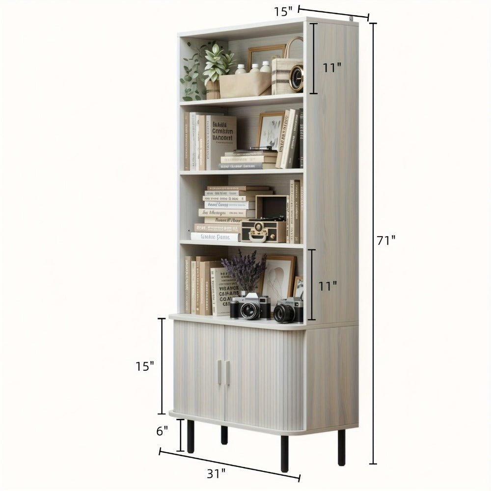 71 Inch Tall Bookcase with Sliding Doors 4 Shelves Storage Cabinet Adjustable Shelves Walnut Mid-Century Modern Home Office Living Room
