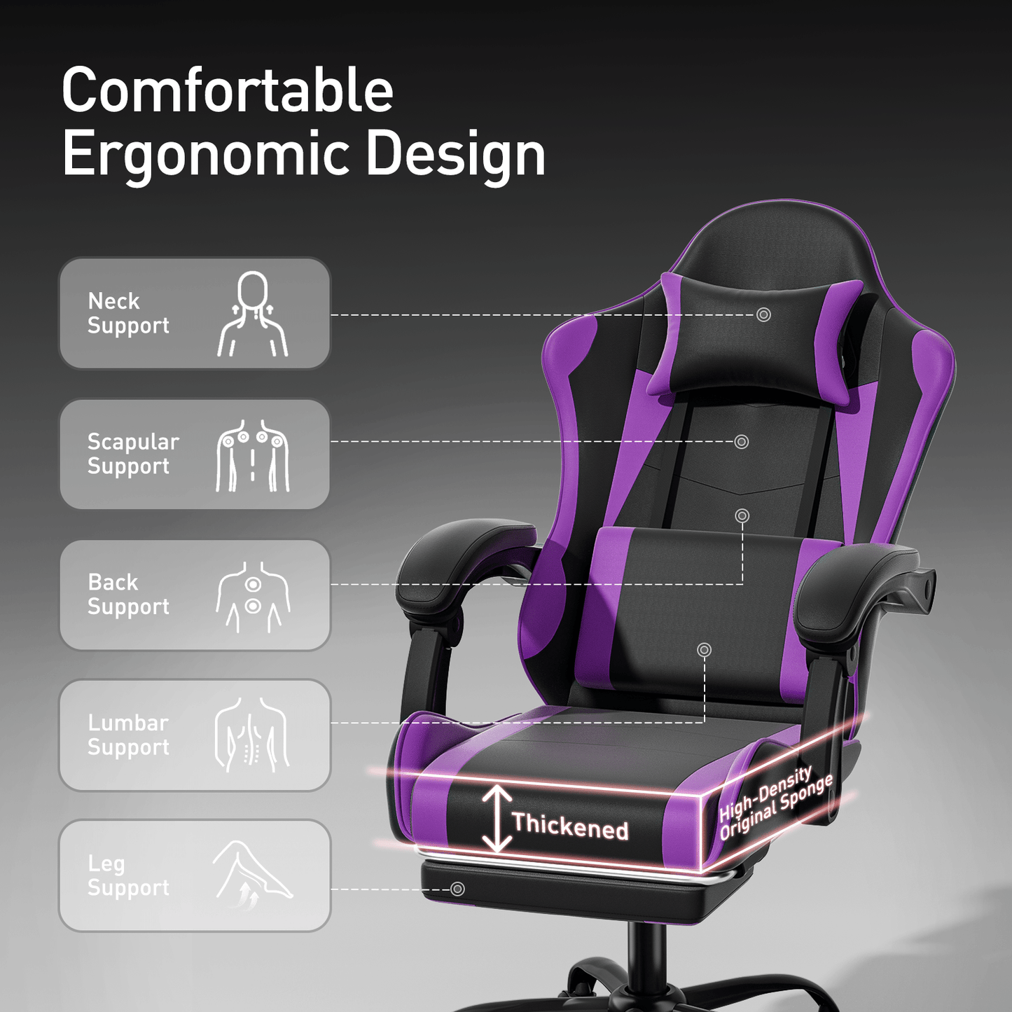 Ergonomic Gaming Chair with Retractable Footrest & Detachable Lumbar Support 360 Degree Swivel Racing Style PU Leather Computer Gaming Chair with Headrest for Home Bedroom Office