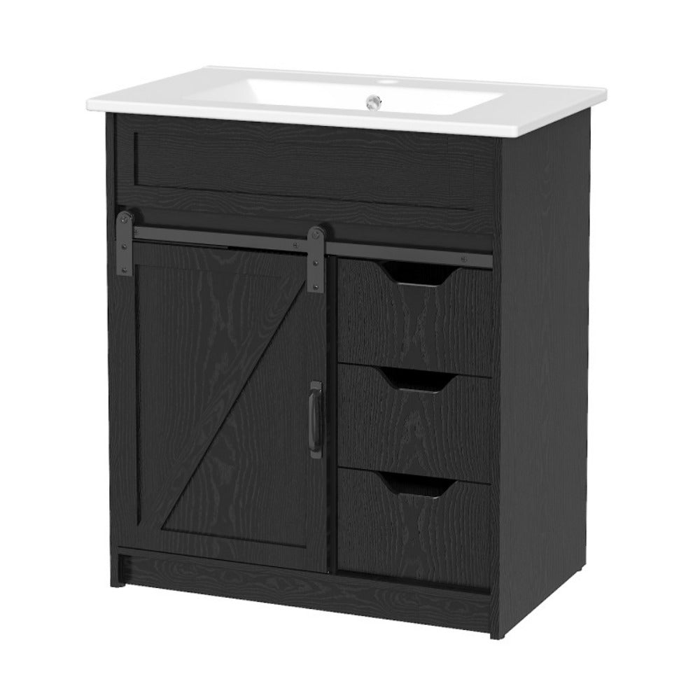 30 Inch Cottage Style Bathroom Vanity with Sink - Solid Wood Cabinet 3 Drawers Barn Door Sliding Shelf Ceramic Undermount Sink Modern Farmhouse Design